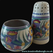 Load image into Gallery viewer, 1930s Truda Carter Poole Pottery Sugar Shaker and Round Pot  Fuchsia Pattern
