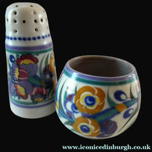 Load image into Gallery viewer, 1930s Truda Carter Poole Pottery Sugar Shaker and Round Pot  Fuchsia Pattern
