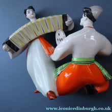 Load image into Gallery viewer, UKRAINE POTTERY. Vintage 1960s Figurine Cossacks Dancing and Playing Musical Instruments

