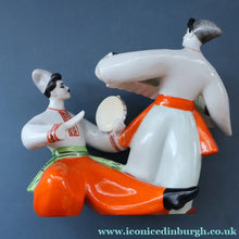 Load image into Gallery viewer, UKRAINE POTTERY. Vintage 1960s Figurine Cossacks Dancing and Playing Musical Instruments


