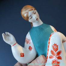 Load image into Gallery viewer, UKRAINIAN POTTERY. Vintage 1960s Porcelain Figurine Entitled "The Embroiderer" or "Girl Embroidering"
