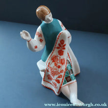 Load image into Gallery viewer, UKRAINIAN POTTERY. Vintage 1960s Porcelain Figurine Entitled "The Embroiderer" or "Girl Embroidering"
