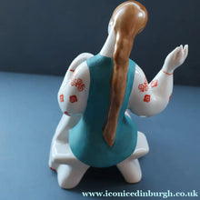 Load image into Gallery viewer, UKRAINIAN POTTERY. Vintage 1960s Porcelain Figurine Entitled "The Embroiderer" or "Girl Embroidering"
