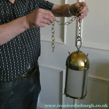 Load image into Gallery viewer, 1920s Antique Hanging Hall or Porch Lantern. Brass and Glass in the Gothic Style
