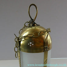 Load image into Gallery viewer, 1920s Antique Hanging Hall or Porch Lantern. Brass and Glass in the Gothic Style
