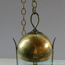 Load image into Gallery viewer, 1920s Antique Hanging Hall or Porch Lantern. Brass and Glass in the Gothic Style
