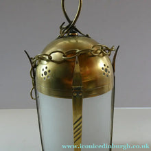 Load image into Gallery viewer, 1920s Antique Hanging Hall or Porch Lantern. Brass and Glass in the Gothic Style
