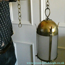 Load image into Gallery viewer, 1920s Antique Hanging Hall or Porch Lantern. Brass and Glass in the Gothic Style
