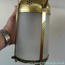 Load image into Gallery viewer, 1920s Antique Hanging Hall or Porch Lantern. Brass and Glass in the Gothic Style
