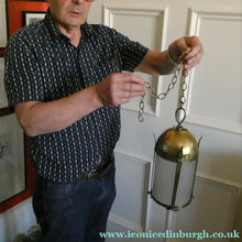 Load image into Gallery viewer, 1920s Antique Hanging Hall or Porch Lantern. Brass and Glass in the Gothic Style
