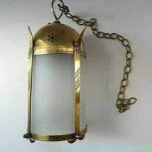 Load image into Gallery viewer, 1920s Antique Hanging Hall or Porch Lantern. Brass and Glass in the Gothic Style
