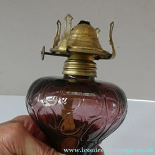 Load image into Gallery viewer, Antique Purple Glass Oil Lamp Complete. Possibly American. Signed MR
