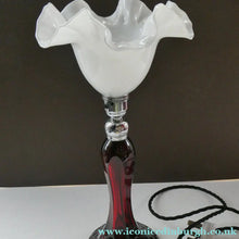 Load image into Gallery viewer,  EDWARDIAN Ruby Red Glass Lamp with White Glass Shade with Wavy Rim 
