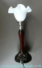 Load image into Gallery viewer,  EDWARDIAN Ruby Red Glass Lamp with White Glass Shade with Wavy Rim 
