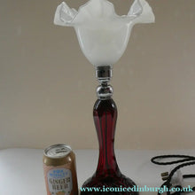 Load image into Gallery viewer,  EDWARDIAN Ruby Red Glass Lamp with White Glass Shade with Wavy Rim 
