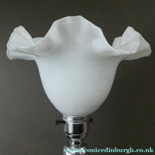 Load image into Gallery viewer,  EDWARDIAN Ruby Red Glass Lamp with White Glass Shade with Wavy Rim 
