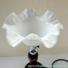 Load image into Gallery viewer,  EDWARDIAN Ruby Red Glass Lamp with White Glass Shade with Wavy Rim 

