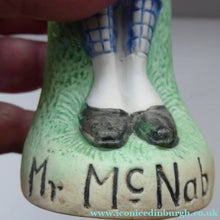 Load image into Gallery viewer, Very Rare Antique Bisque Porcelain SKINNY or Elongated Figurine by Schafer &amp; Vater: MR MCNAB (Scotsman In Mini Kilt) 
