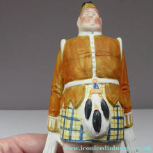 Load image into Gallery viewer, Very Rare Antique Bisque Porcelain SKINNY or Elongated Figurine by Schafer &amp; Vater: MR MCNAB (Scotsman In Mini Kilt) 

