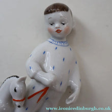 Load image into Gallery viewer, Very Rare Lomonosov SOVIET Figurine of a Little Boy with a Toy Rocking Horse
