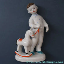 Load image into Gallery viewer, Very Rare Lomonosov SOVIET Figurine of a Little Boy with a Toy Rocking Horse
