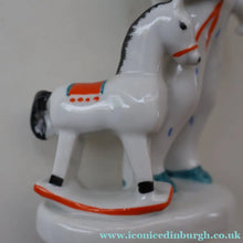 Load image into Gallery viewer, Very Rare Lomonosov SOVIET Figurine of a Little Boy with a Toy Rocking Horse
