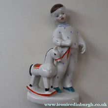 Load image into Gallery viewer, Very Rare Lomonosov SOVIET Figurine of a Little Boy with a Toy Rocking Horse
