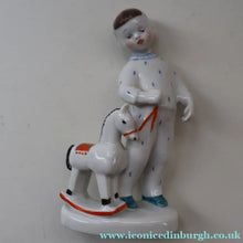 Load image into Gallery viewer, Very Rare Lomonosov SOVIET Figurine of a Little Boy with a Toy Rocking Horse
