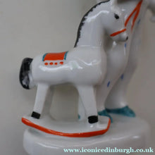 Load image into Gallery viewer, Very Rare Lomonosov SOVIET Figurine of a Little Boy with a Toy Rocking Horse

