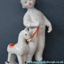 Load image into Gallery viewer, Very Rare Lomonosov SOVIET Figurine of a Little Boy with a Toy Rocking Horse
