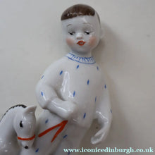 Load image into Gallery viewer, Very Rare Lomonosov SOVIET Figurine of a Little Boy with a Toy Rocking Horse
