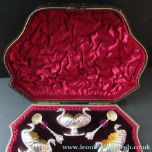 Load image into Gallery viewer, Victorian Hallmarked Silver Salt Dish and Spoons / Pin Cushions. Matching Swan Spoons In Fitted Case
