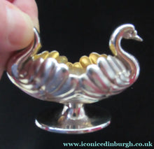 Load image into Gallery viewer, Victorian Hallmarked Silver Salt Dish and Spoons / Pin Cushions. Matching Swan Spoons In Fitted Case
