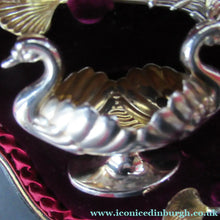 Load image into Gallery viewer, Victorian Hallmarked Silver Salt Dish and Spoons / Pin Cushions. Matching Swan Spoons In Fitted Case

