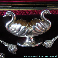 Load image into Gallery viewer, Victorian Hallmarked Silver Salt Dish and Spoons / Pin Cushions. Matching Swan Spoons In Fitted Case

