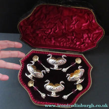 Load image into Gallery viewer, Victorian Hallmarked Silver Salt Dish and Spoons / Pin Cushions. Matching Swan Spoons In Fitted Case

