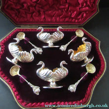 Load image into Gallery viewer, Victorian Hallmarked Silver Salt Dish and Spoons / Pin Cushions. Matching Swan Spoons In Fitted Case
