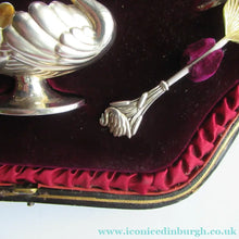 Load image into Gallery viewer, Victorian Hallmarked Silver Salt Dish and Spoons / Pin Cushions. Matching Swan Spoons In Fitted Case
