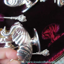 Load image into Gallery viewer, Victorian Hallmarked Silver Salt Dish and Spoons / Pin Cushions. Matching Swan Spoons In Fitted Case
