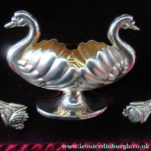 Load image into Gallery viewer, Victorian Hallmarked Silver Salt Dish and Spoons / Pin Cushions. Matching Swan Spoons In Fitted Case
