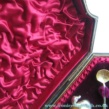 Load image into Gallery viewer, Victorian Hallmarked Silver Salt Dish and Spoons / Pin Cushions. Matching Swan Spoons In Fitted Case
