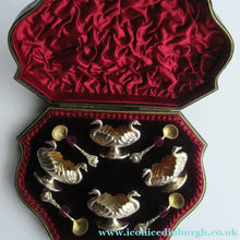 Load image into Gallery viewer, Victorian Hallmarked Silver Salt Dish and Spoons / Pin Cushions. Matching Swan Spoons In Fitted Case
