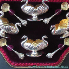 Load image into Gallery viewer, Victorian Hallmarked Silver Salt Dish and Spoons / Pin Cushions. Matching Swan Spoons In Fitted Case
