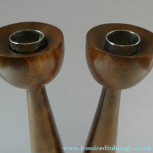 Load image into Gallery viewer, Tall Vintage Scandi-Style Teak Wooden Candlesticks with Metal Sconces
