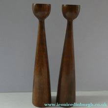 Load image into Gallery viewer, Tall Vintage Scandi-Style Teak Wooden Candlesticks with Metal Sconces

