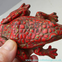 Load image into Gallery viewer, Antique Cast Iron Toad Match Safe or Vesta - with Original Red Paint &amp; Registration Mark 
