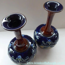 Load image into Gallery viewer, VICTORIAN. Matching Pair of ROYAL DOULTON LAMBETH Tube Lined Art Nouveau Faience Bottle / Trumpet Vases
