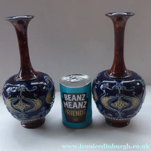 Load image into Gallery viewer, VICTORIAN. Matching Pair of ROYAL DOULTON LAMBETH Tube Lined Art Nouveau Faience Bottle / Trumpet Vases
