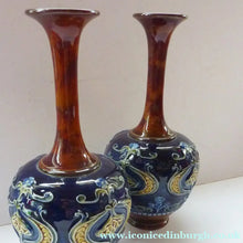 Load image into Gallery viewer, VICTORIAN. Matching Pair of ROYAL DOULTON LAMBETH Tube Lined Art Nouveau Faience Bottle / Trumpet Vases
