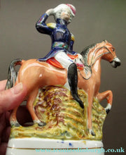 Load image into Gallery viewer, Antique Miniature Staffordshire Flatback Figurine of a Military Gentleman on Horseback
